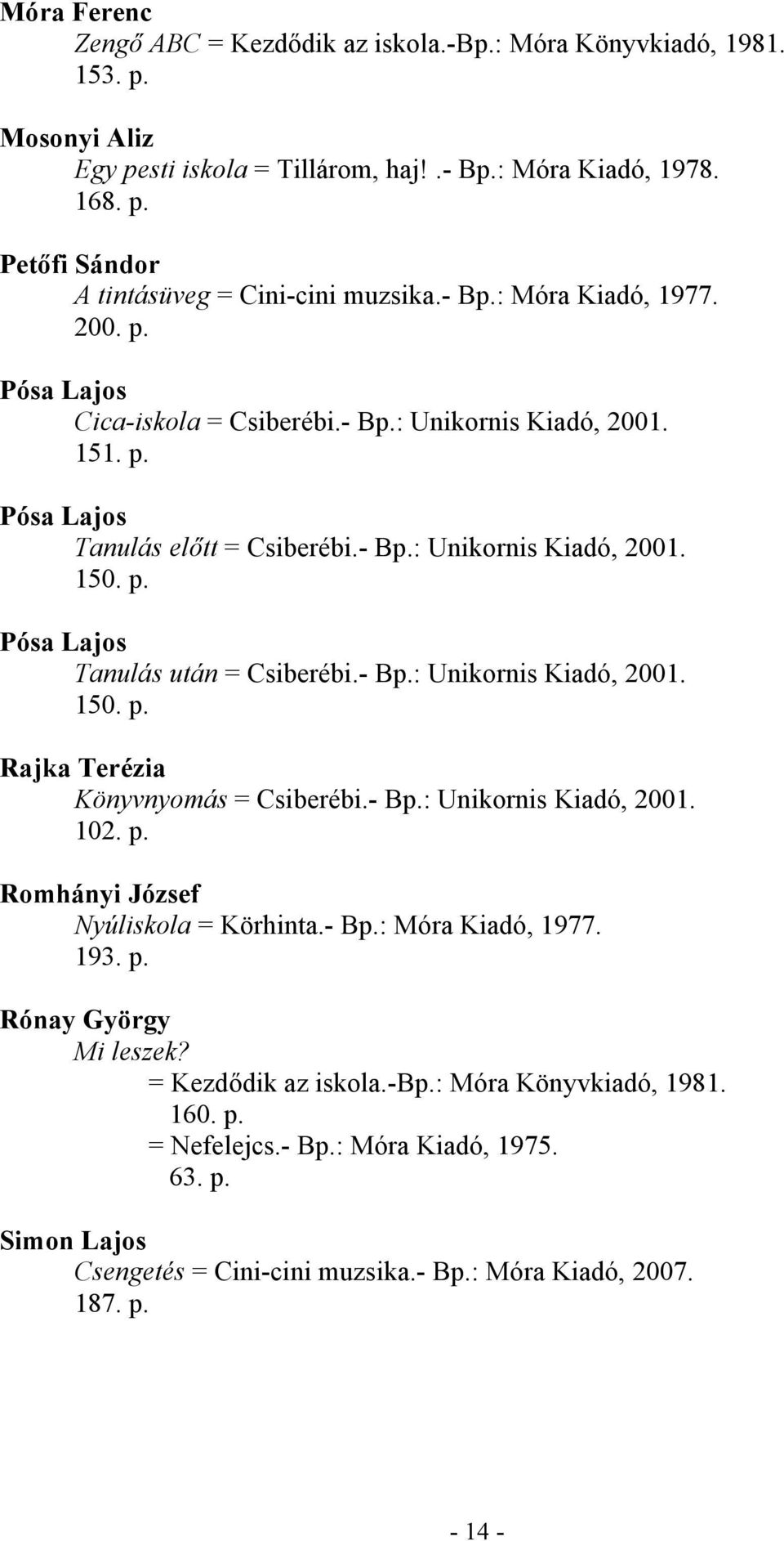 - Bp.: Unikornis Kiadó, 2001. 150. p. Rajka Terézia Könyvnyomás = Csiberébi.- Bp.: Unikornis Kiadó, 2001. 102. p. Romhányi József Nyúliskola = Körhinta.- Bp.: Móra Kiadó, 1977. 193. p. Rónay György Mi leszek?