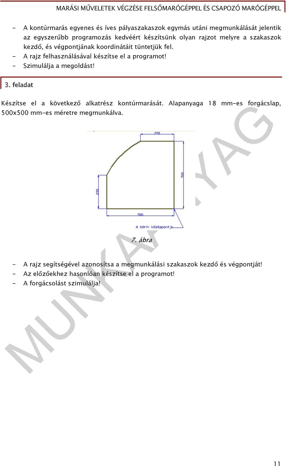 3. feladat Készítse el a következő alkatrész kontúrmarását. Alapanyaga 18 mm-es forgácslap, 500x500 mm-es méretre megmunkálva. 7.