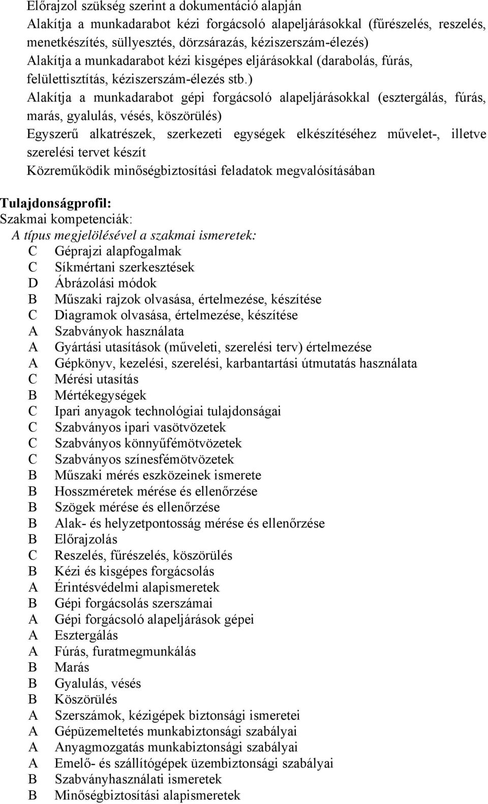 ) lakítja a munkadarabot gépi forgácsoló alapeljárásokkal (esztergálás, fúrás, marás, gyalulás, vésés, köszörülés) Egyszerű alkatrészek, szerkezeti egységek elkészítéséhez művelet-, illetve szerelési