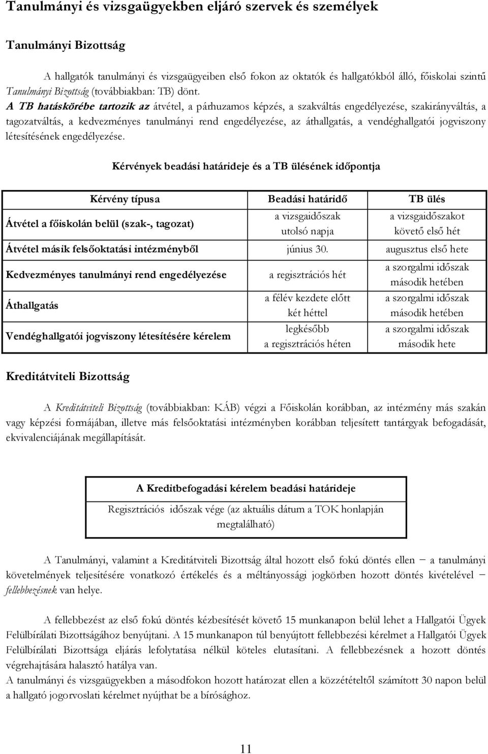 A TB hatáskörébe tartozik az átvétel, a párhuzamos képzés, a szakváltás engedélyezése, szakirányváltás, a tagozatváltás, a kedvezményes tanulmányi rend engedélyezése, az áthallgatás, a
