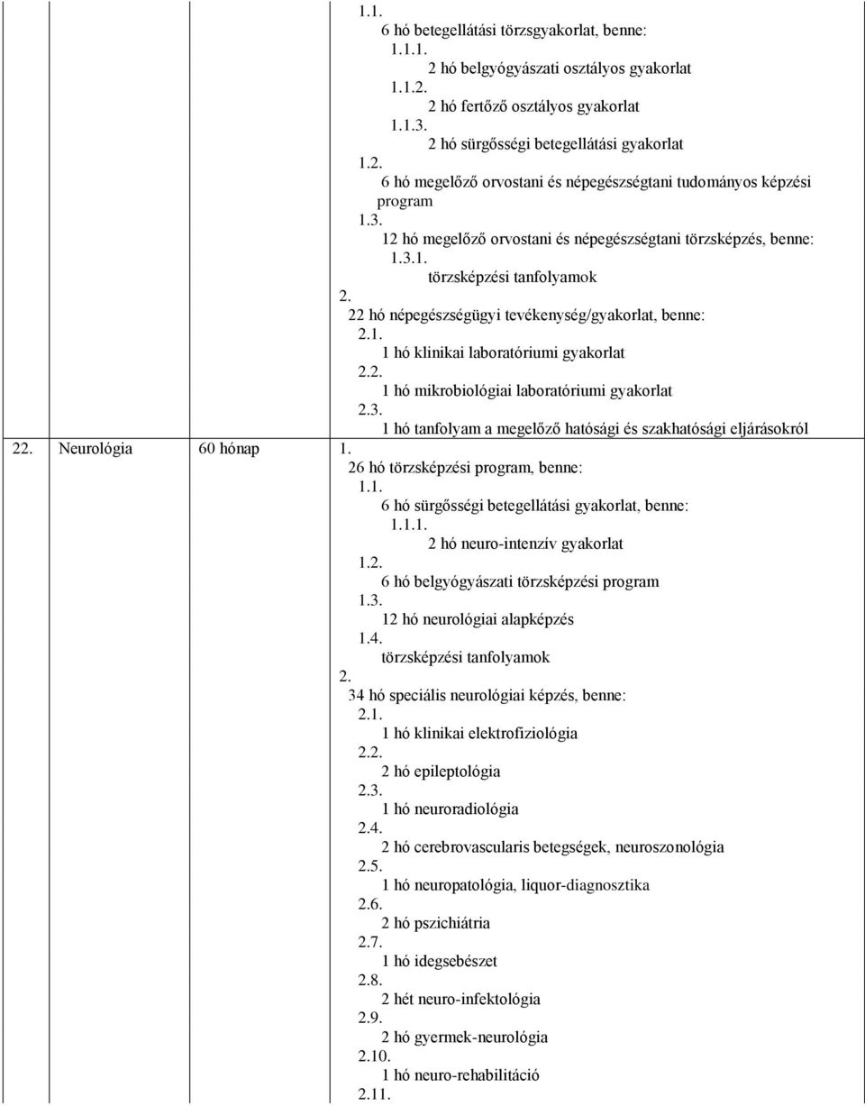 1 hó klinikai laboratóriumi gyakorlat 1 hó mikrobiológiai laboratóriumi gyakorlat 1 hó tanfolyam a megelőző hatósági és szakhatósági eljárásokról 2 Neurológia 60 hónap 1.