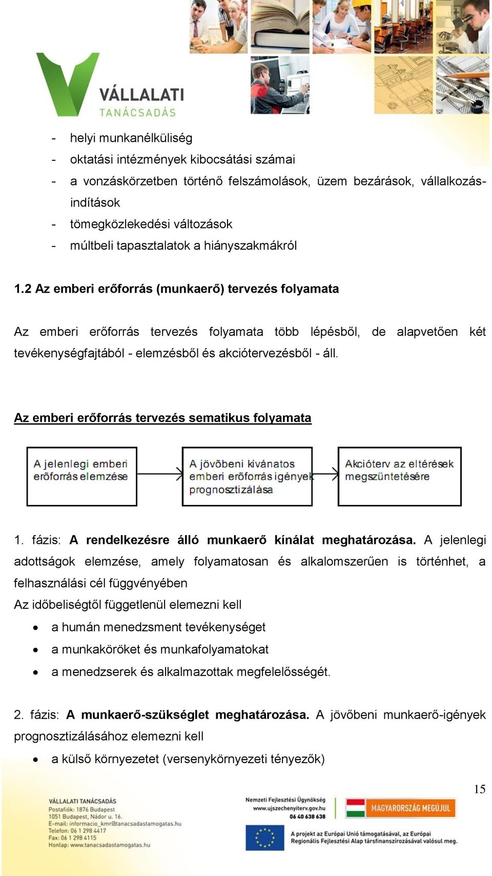 2 Az emberi erőforrás (munkaerő) tervezés folyamata Az emberi erőforrás tervezés folyamata több lépésből, de alapvetően két tevékenységfajtából - elemzésből és akciótervezésből - áll.