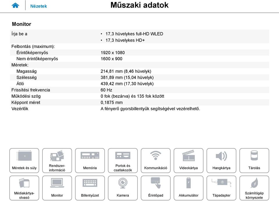 (15,04 hüvelyk) Átló 439,42 mm (17,30 hüvelyk) Frissítési frekvencia 60 Hz Működési szög 0 fok