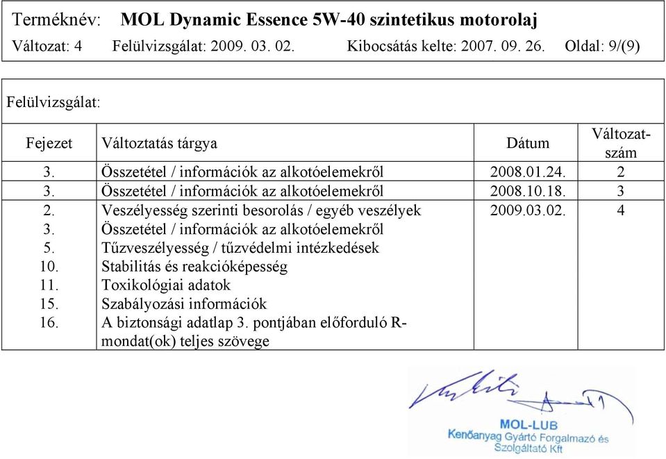 Összetétel / információk az alkotóelemekről 2008.10.18. 3 2. Veszélyesség szerinti besorolás / egyéb veszélyek 2009.03.02. 4 3.