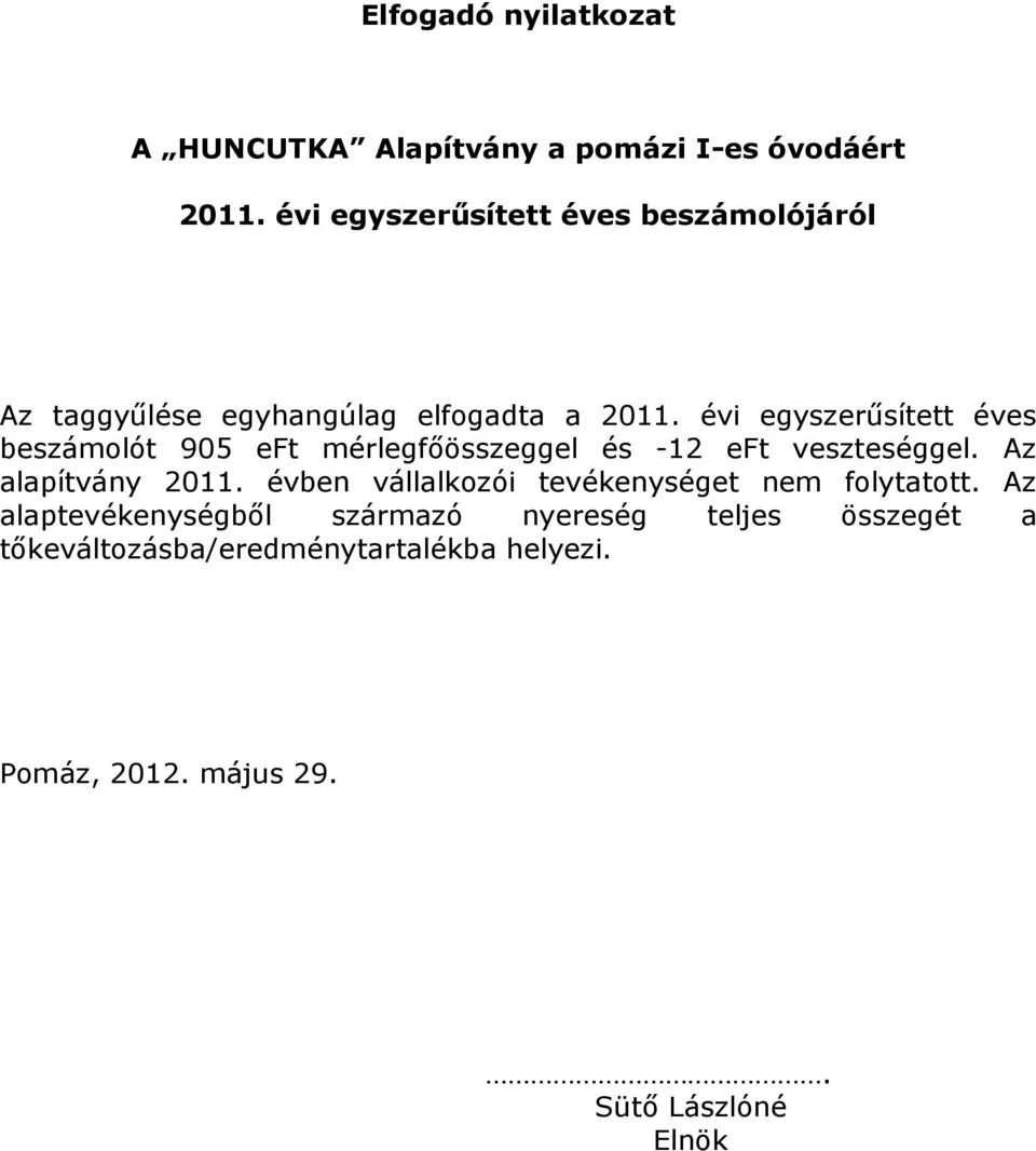 évi egyszerősített éves beszámolót 905 eft mérlegfıösszeggel és -12 eft veszteséggel. Az alapítvány 2011.