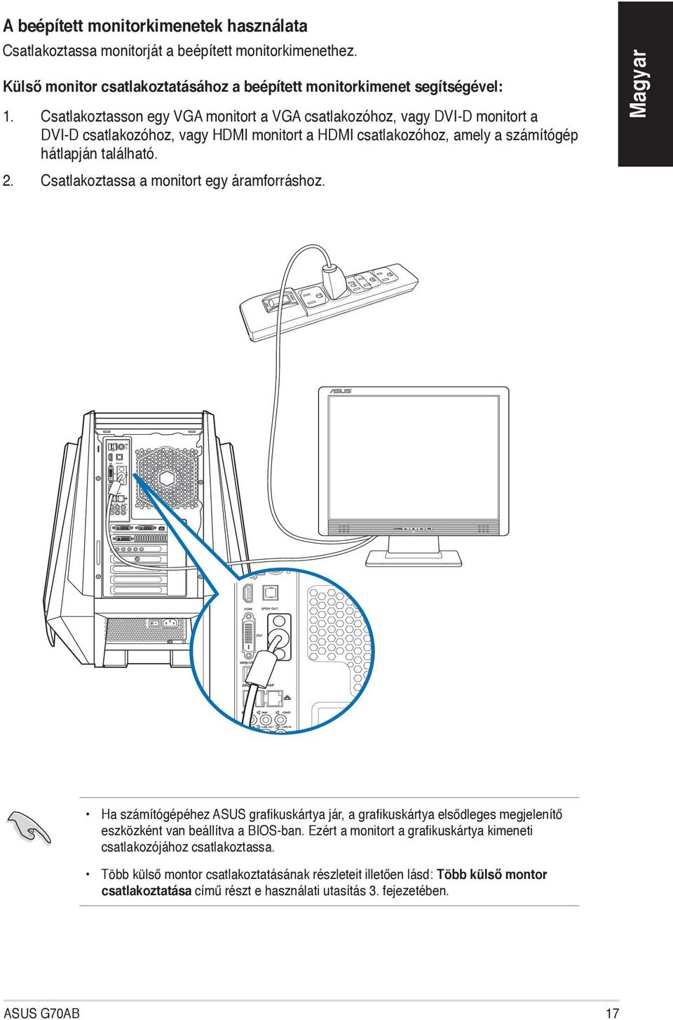Csatlakoztassa a monitort egy áramforráshoz. Ha számítógépéhez ASUS grafikuskártya jár, a grafikuskártya elsődleges megjelenítő eszközként van beállítva a BIOS-ban.