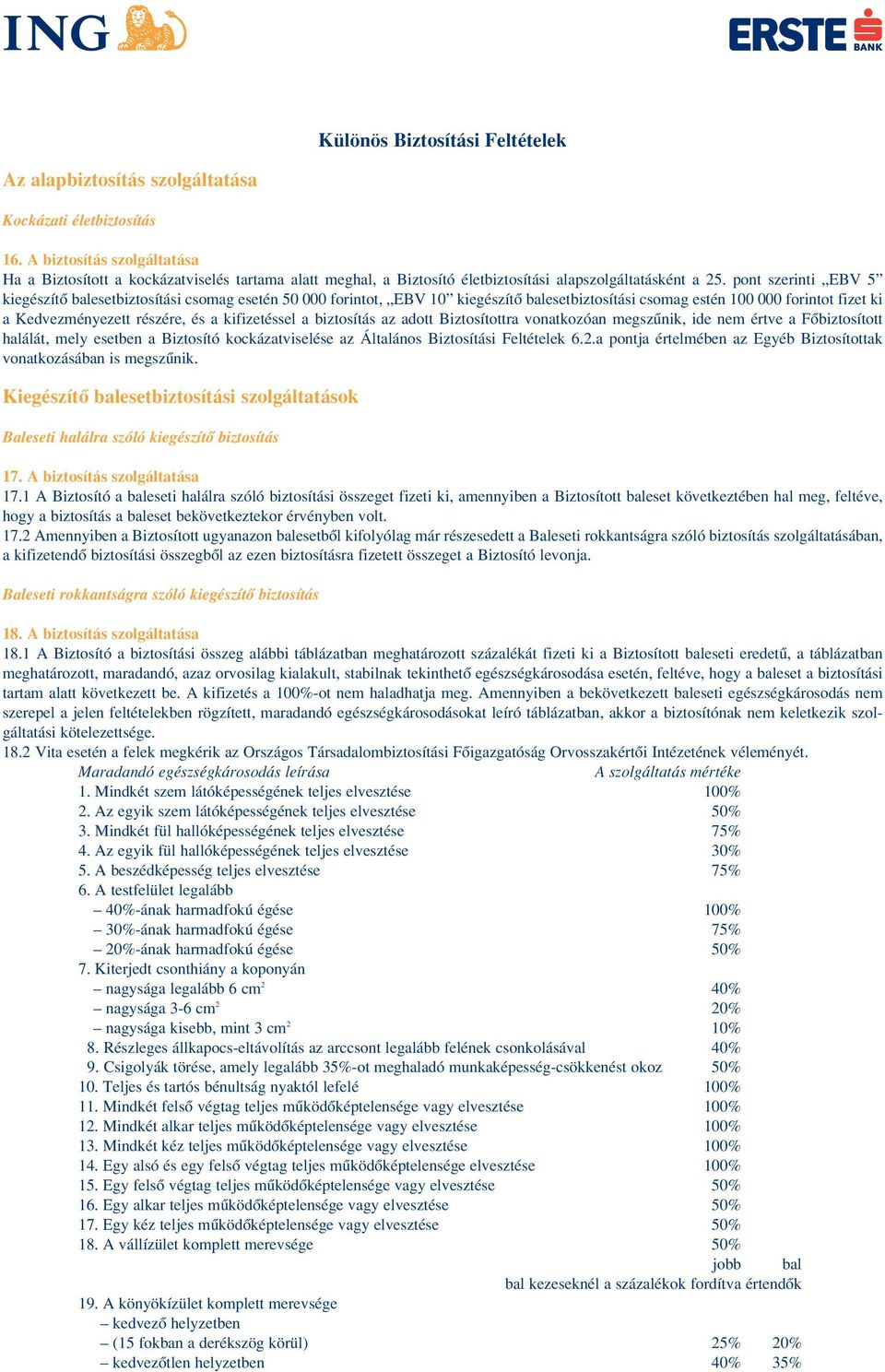 pont szerinti EBV 5 kiegészítô balesetbiztosítási csomag esetén 50 000 forintot, EBV 10 kiegészítô balesetbiztosítási csomag estén 100 000 forintot fizet ki a Kedvezményezett részére, és a