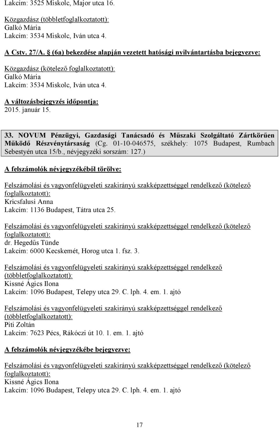 NOVUM Pénzügyi, Gazdasági Tanácsadó és Műszaki Szolgáltató Zártkörűen Működő Részvénytársaság (Cg. 01-10-046575, székhely: 1075 Budapest, Rumbach Sebestyén utca 15/b., névjegyzéki sorszám: 127.