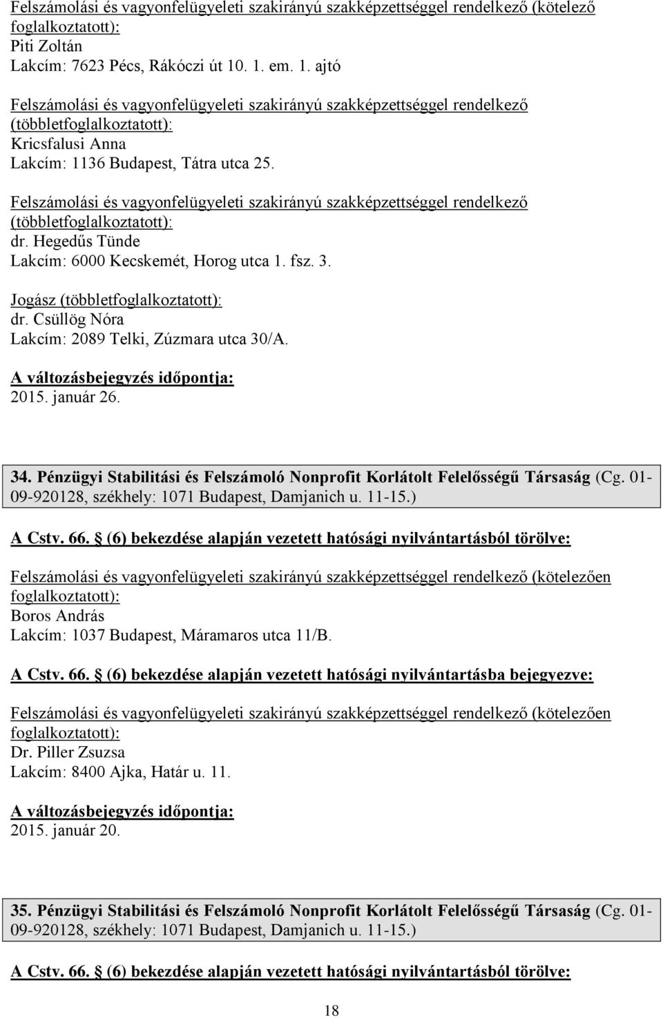 01-09-920128, székhely: 1071 Budapest, Damjanich u. 11-15.) A Cstv. 66. (6) bekezdése alapján vezetett hatósági nyilvántartásból törölve: en Boros András Lakcím: 1037 Budapest, Máramaros utca 11/B.