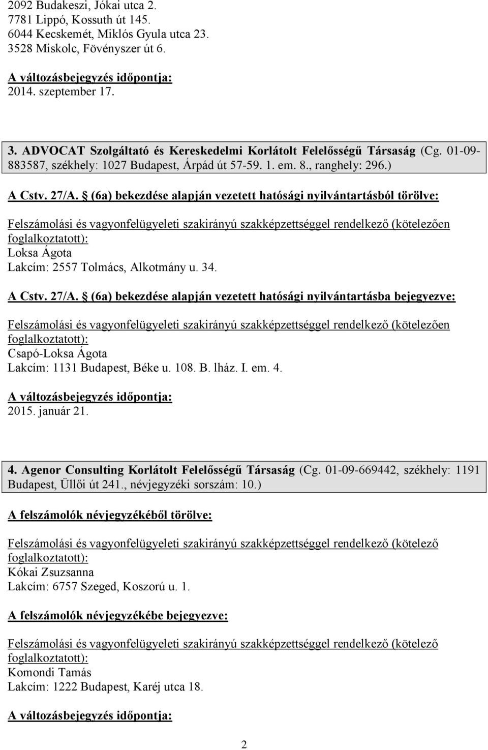 (6a) bekezdése alapján vezetett hatósági nyilvántartásból törölve: en Loksa Ágota Lakcím: 2557 Tolmács, Alkotmány u. 34. A Cstv. 27/A.