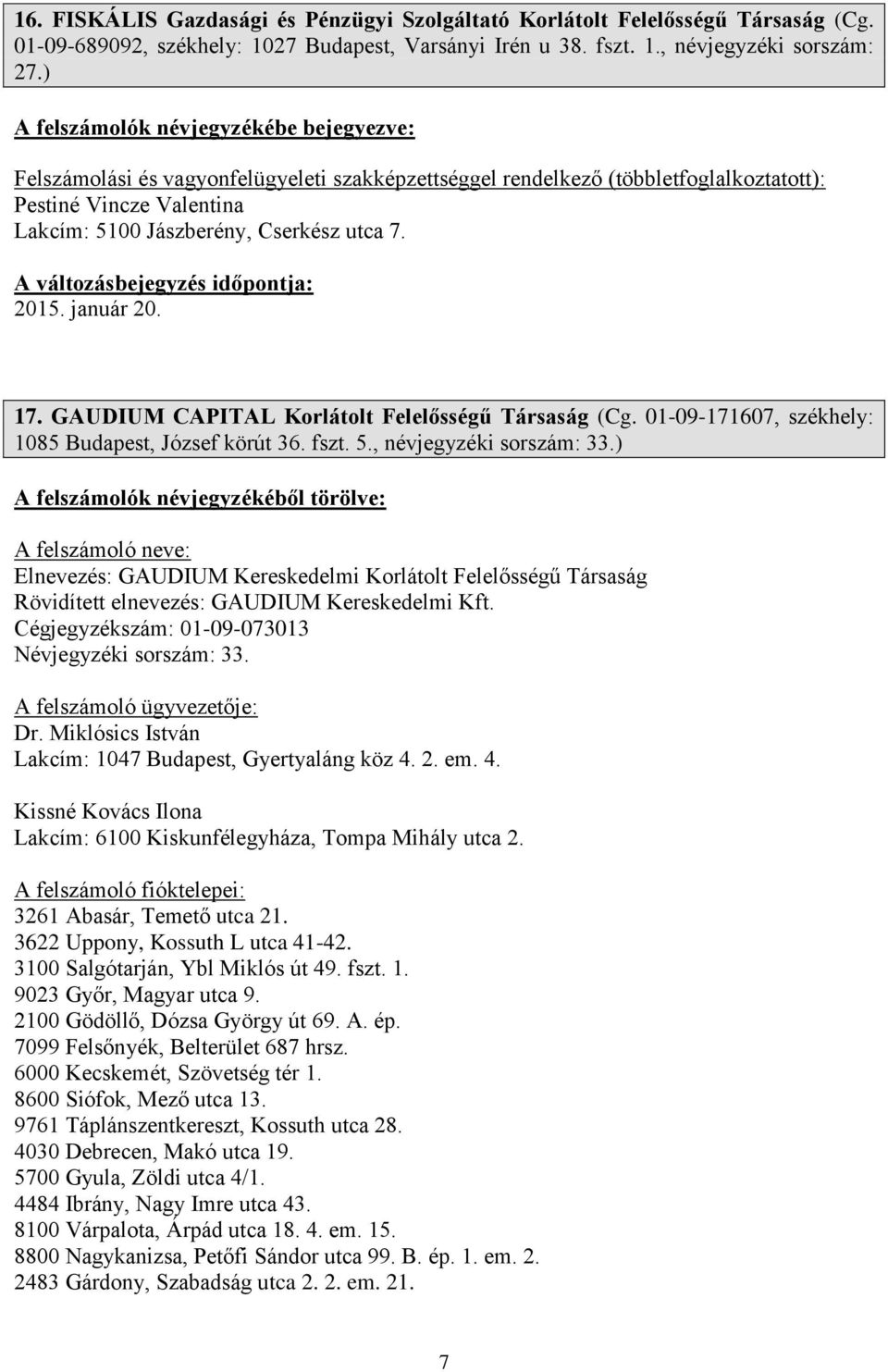 GAUDIUM CAPITAL Korlátolt Felelősségű Társaság (Cg. 01-09-171607, székhely: 1085 Budapest, József körút 36. fszt. 5., névjegyzéki sorszám: 33.