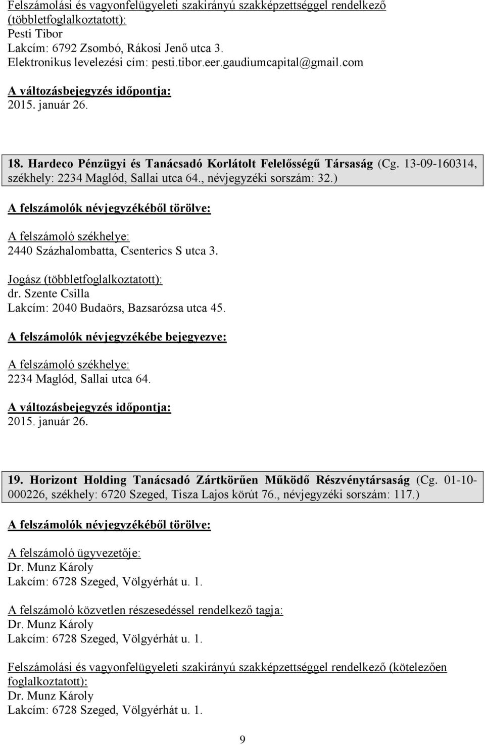 ) A felszámoló székhelye: 2440 Százhalombatta, Csenterics S utca 3. Jogász (többlet dr. Szente Csilla Lakcím: 2040 Budaörs, Bazsarózsa utca 45. A felszámoló székhelye: 2234 Maglód, Sallai utca 64.