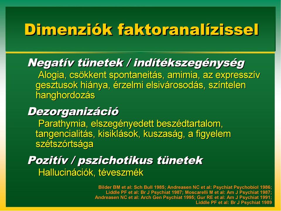 / pszichotikus tünetek Hallucinációk ációk, téveszmék Bilder BM et al: Sch Bull 1985; Andreasen NC et al: Psychiat Psychobiol 1986; Liddle PF et al: Br J