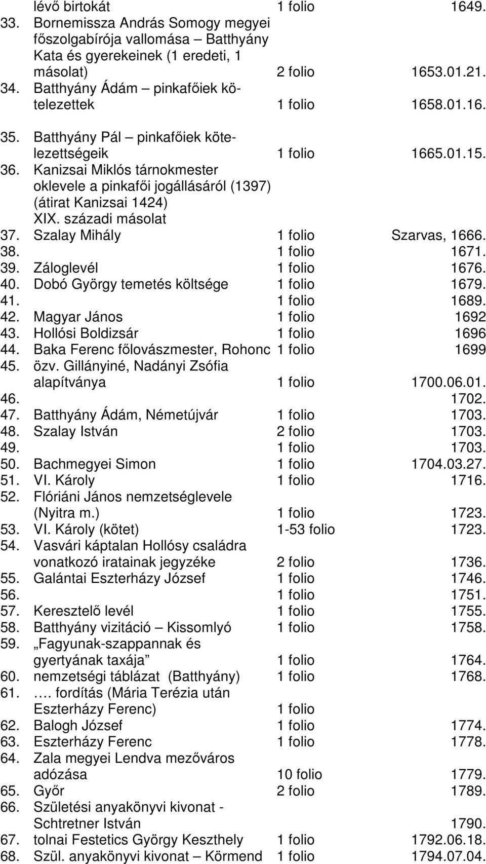 Kanizsai Miklós tárnokmester oklevele a pinkafıi jogállásáról (1397) (átirat Kanizsai 1424) XIX. századi másolat 37. Szalay Mihály 1 folio Szarvas, 1666. 38. 1 folio 1671. 39. Záloglevél 1 folio 1676.