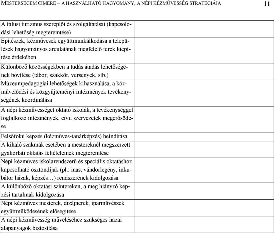 ) Múzeumpedagógiai lehetőségek kihasználása, a közművelődési és közgyűjteményi intézmények tevékenységének koordinálása A népi kézművességet oktató iskolák, a tevékenységgel foglalkozó intézmények,