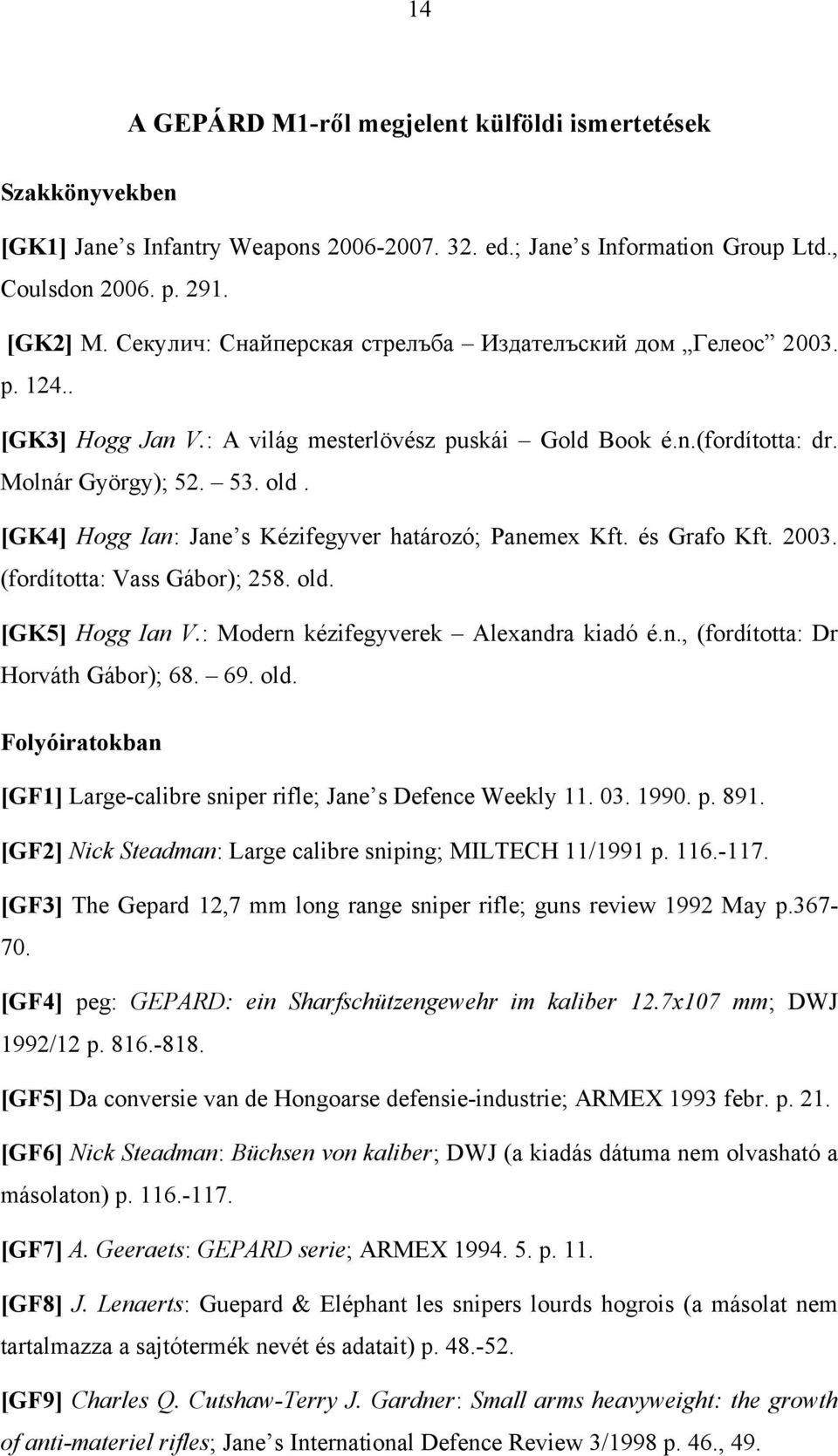 [GK4] Hogg Ian: Jane s Kézifegyver határozó; Panemex Kft. és Grafo Kft. 2003. (fordította: Vass Gábor); 258. old. [GK5] Hogg Ian V.: Modern kézifegyverek Alexandra kiadó é.n., (fordította: Dr Horváth Gábor); 68.