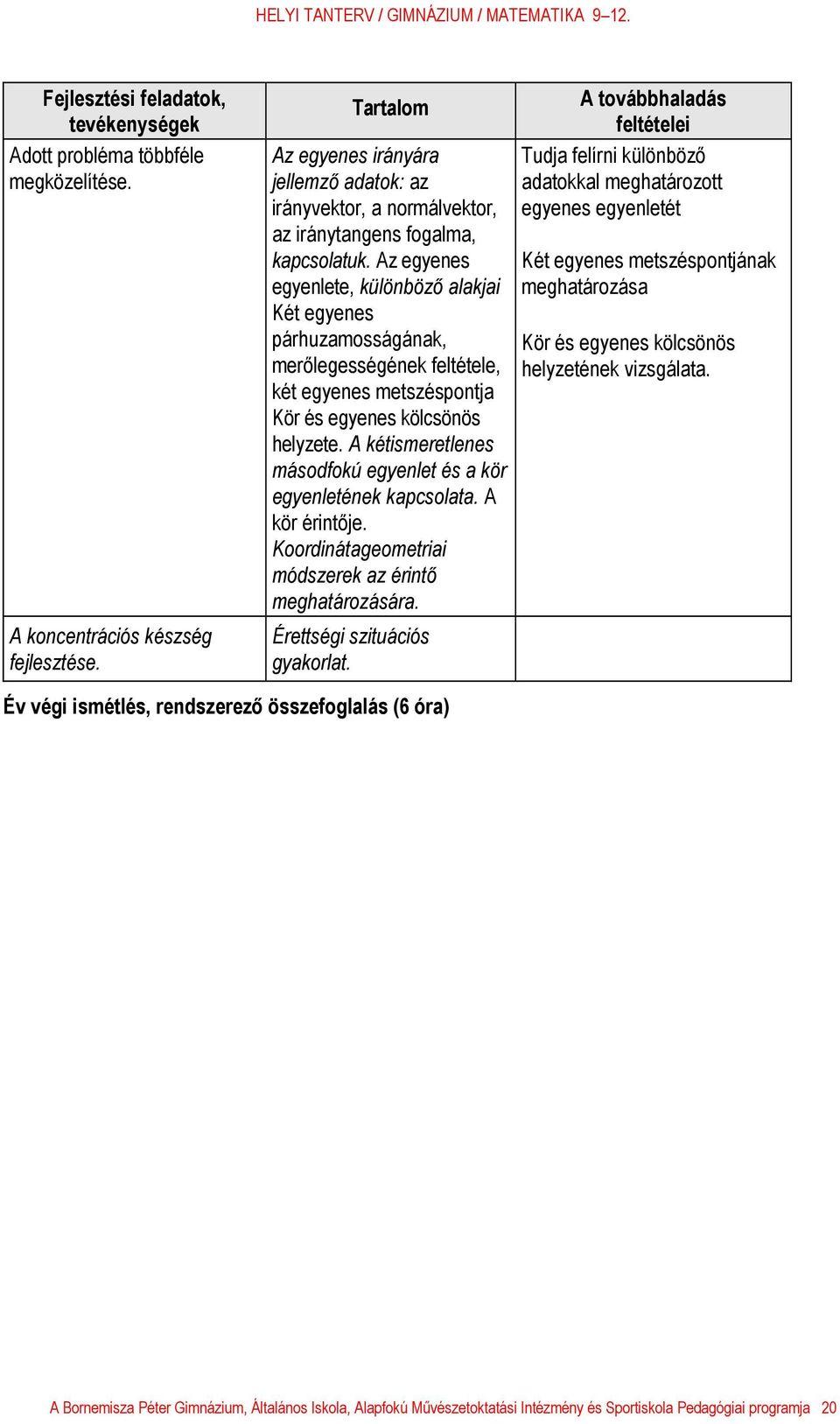 A kétismeretlenes másodfokú egyenlet és a kör egyenletének kapcsolata. A kör érintője. Koordinátageometriai módszerek az érintő meghatározására. Érettségi szituációs gyakorlat.