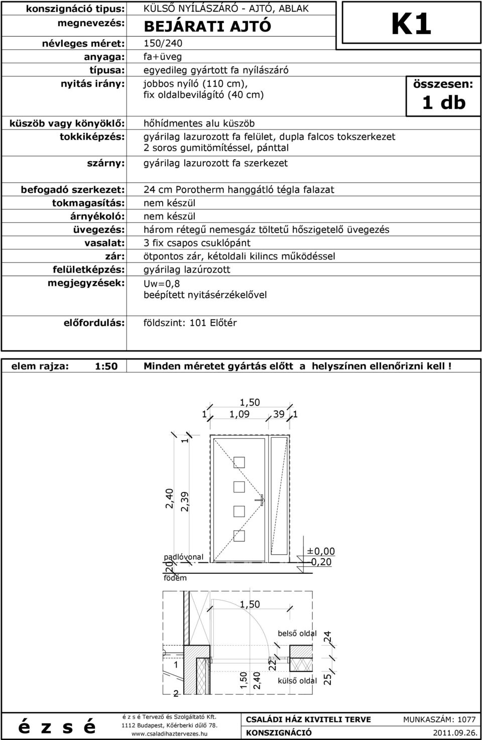 tégla falazat 3 fix csapos csuklópánt ötpontos zár, kétoldali kilincs