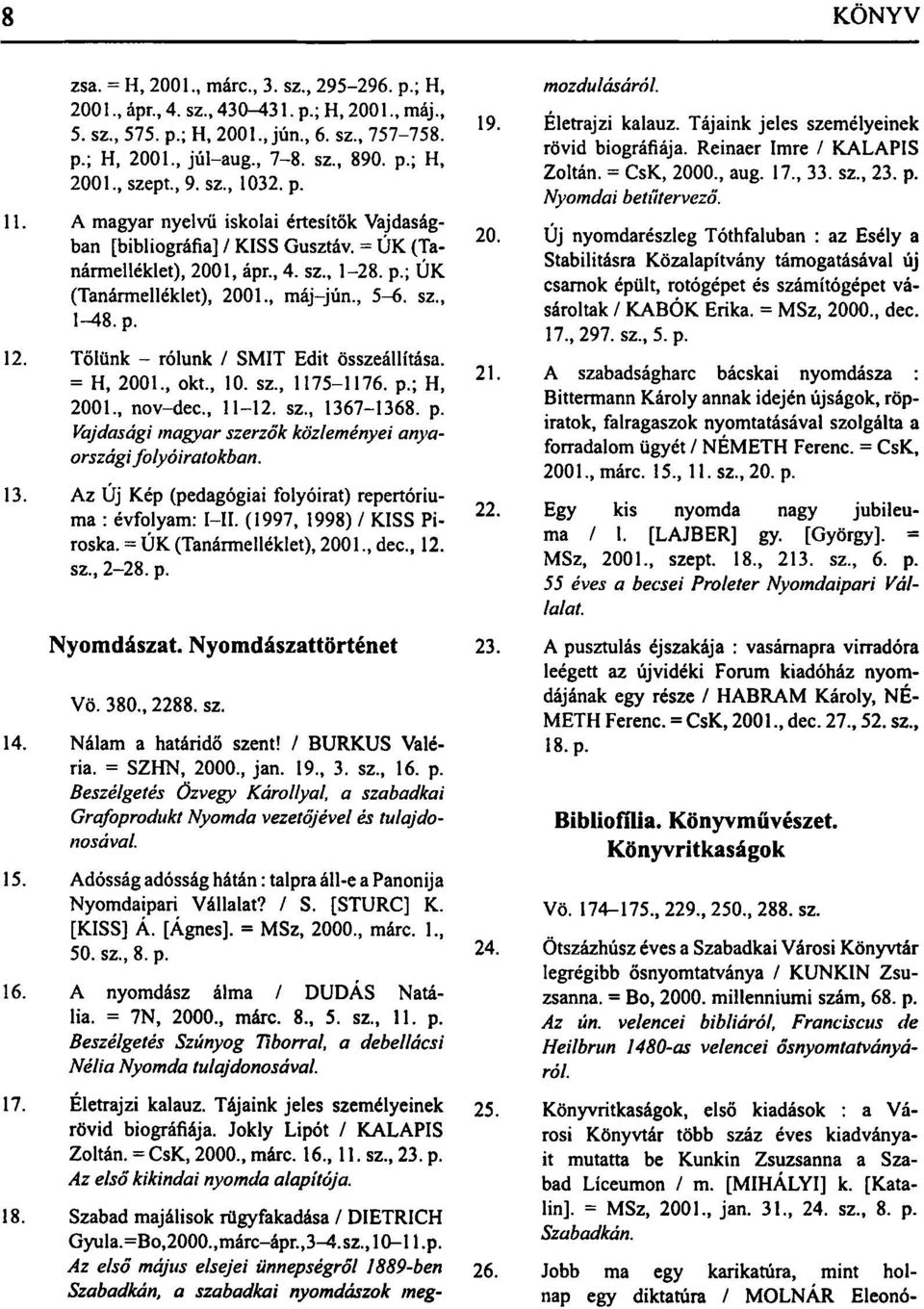 p. 12. Tőlünk - rólunk / SMIT Edit összeállítása. = H, 2001., okt., 10. sz., 1175-1176. p.; H, 2001., nov-dec., 11-12. sz., 1367-1368. p. Vajdasági magyar szerzők közleményei anyaországifolyóiratokban.