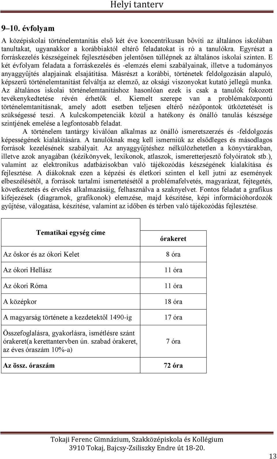 E két évfolyam feladata a forráskezelés és -elemzés elemi szabályainak, illetve a tudományos anyaggyűjtés alapjainak elsajátítása.