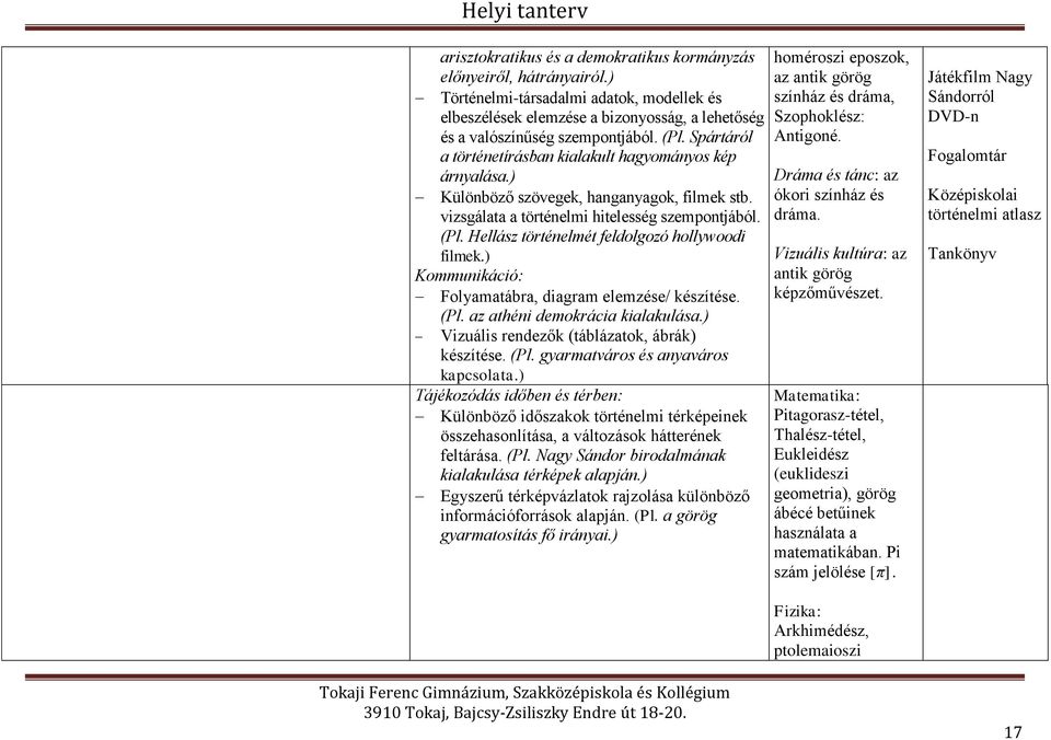 Hellász történelmét feldolgozó hollywoodi filmek.) Kommunikáció: Folyamatábra, diagram elemzése/ készítése. (Pl. az athéni demokrácia kialakulása.) Vizuális rendezők (táblázatok, ábrák) készítése.