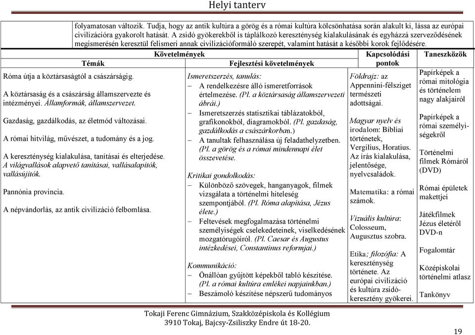 fejlődésére. Témák Róma útja a köztársaságtól a császárságig. A köztársaság és a császárság államszervezte és intézményei. Államformák, államszervezet. Gazdaság, gazdálkodás, az életmód változásai.