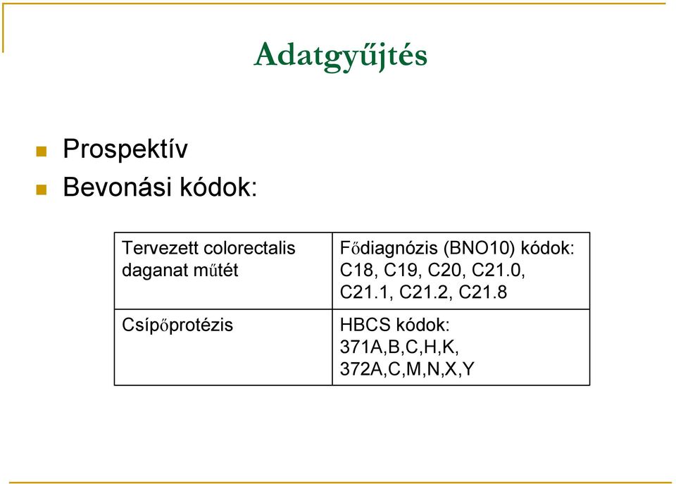 Fődiagnózis (BNO10) kódok: C18, C19, C20, C21.