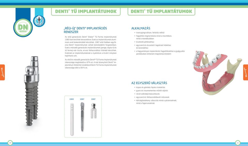Ezek a második generációs implantátumok (penge, dupla tű és tű forma) már tiszta, orvosi felhasználású titánból készültek. Ezeknek az implantátumoknak a nyakrésze a kívánt irányban hajlítható volt.