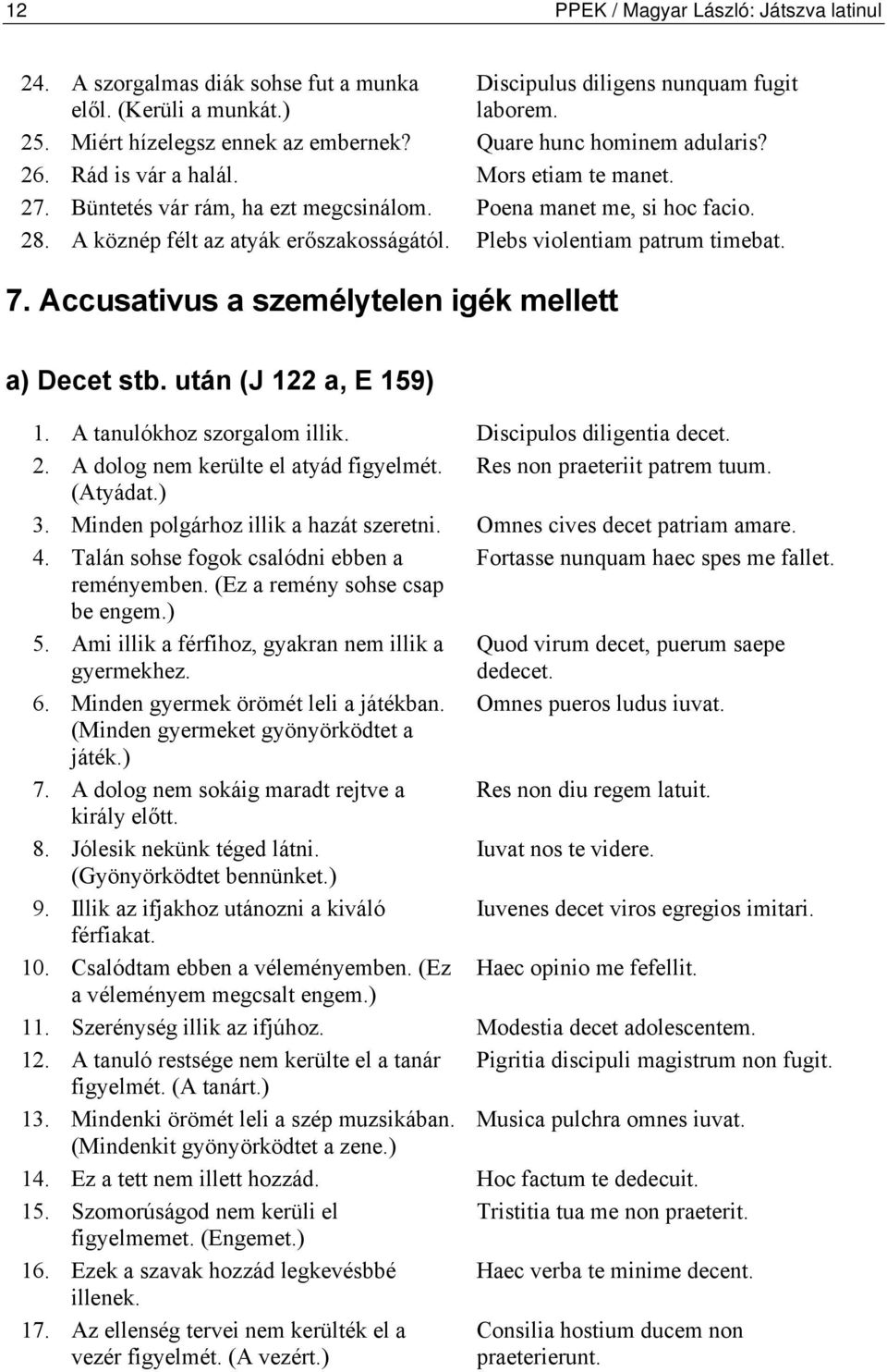 Plebs violentiam patrum timebat. 7. Accusativus a személytelen igék mellett a) Decet stb. után (J 122 a, E 159) 1. A tanulókhoz szorgalom illik. Discipulos diligentia decet. 2.