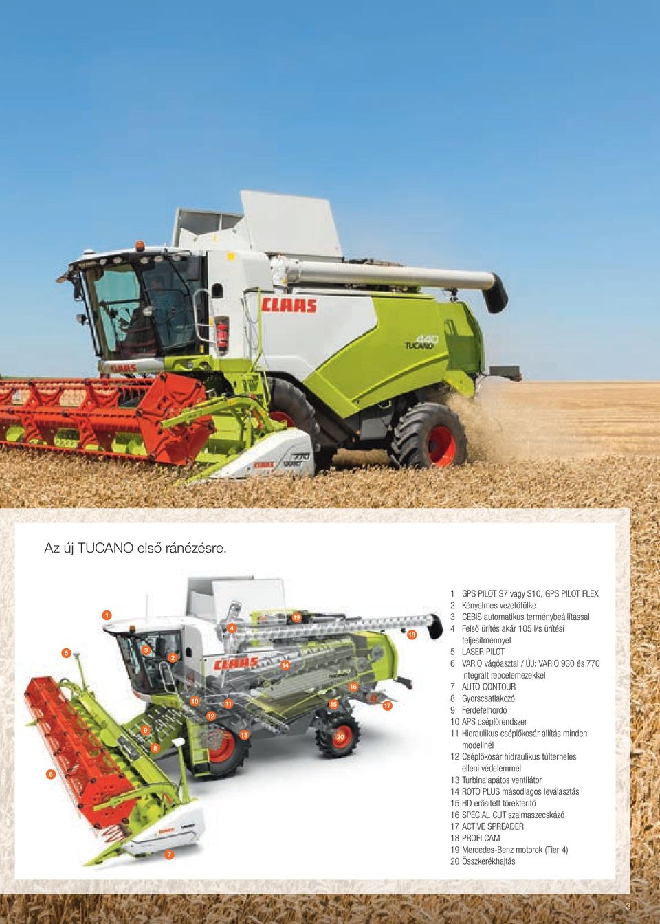PILOT 6 VARIO vágóasztal / ÚJ: VARIO 930 és 770 integrált repcelemezekkel 7 AUTO CONTOUR 8 Gyorscsatlakozó 9 Ferdefelhordó 10 APS cséplőrendszer 11 Hidraulikus