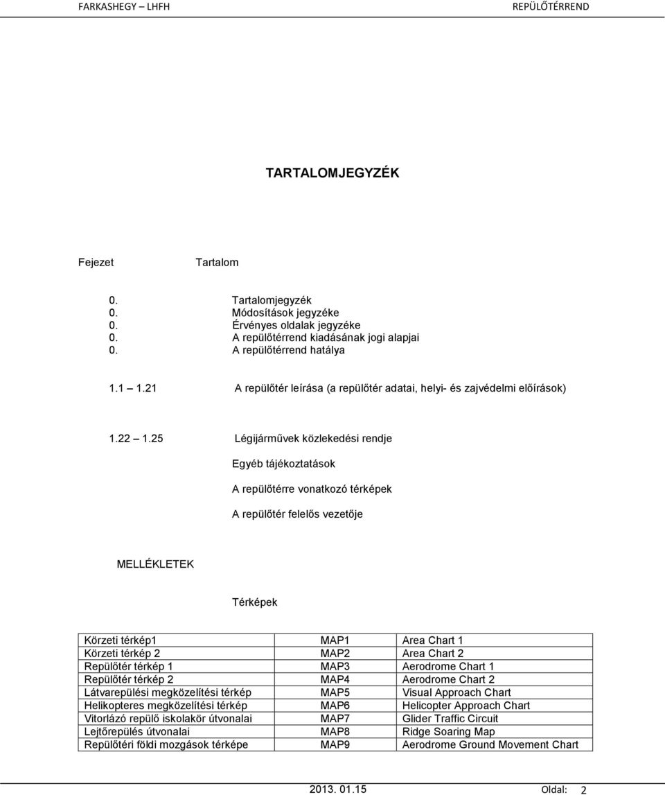 25 Légijárművek közlekedési rendje Egyéb tájékoztatások A repülőtérre vonatkozó térképek A repülőtér felelős vezetője MELLÉKLETEK Térképek Körzeti térkép1 MAP1 Area Chart 1 Körzeti térkép 2 MAP2 Area