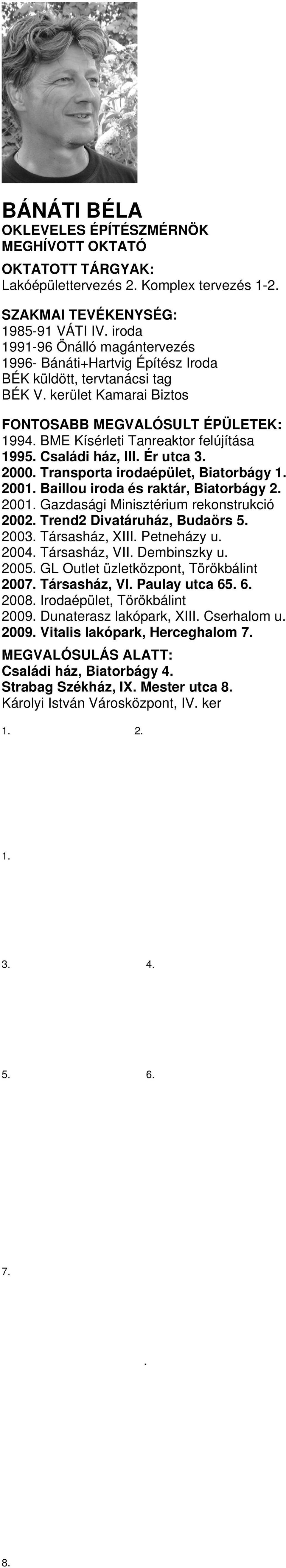 Trend2 Divatáruház, Budaörs 5. 2003. Társasház, XIII. Petneházy u. 2004. Társasház, VII. Dembinszky u. 2005. GL Outlet üzletközpont, Törökbálint 2007. Társasház, VI. Paulay utca 65. 6. 2008.