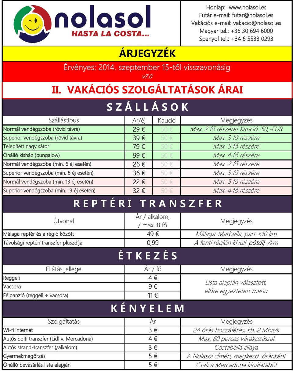 6 éj esetén) Normál vendégszoba (min. 13 éj esetén) Superior vendégszoba (min. 13 éj esetén) ÁRJEGYZÉK Érvényes: 2014. szeptember 15-től visszavonásig v7.0 II.