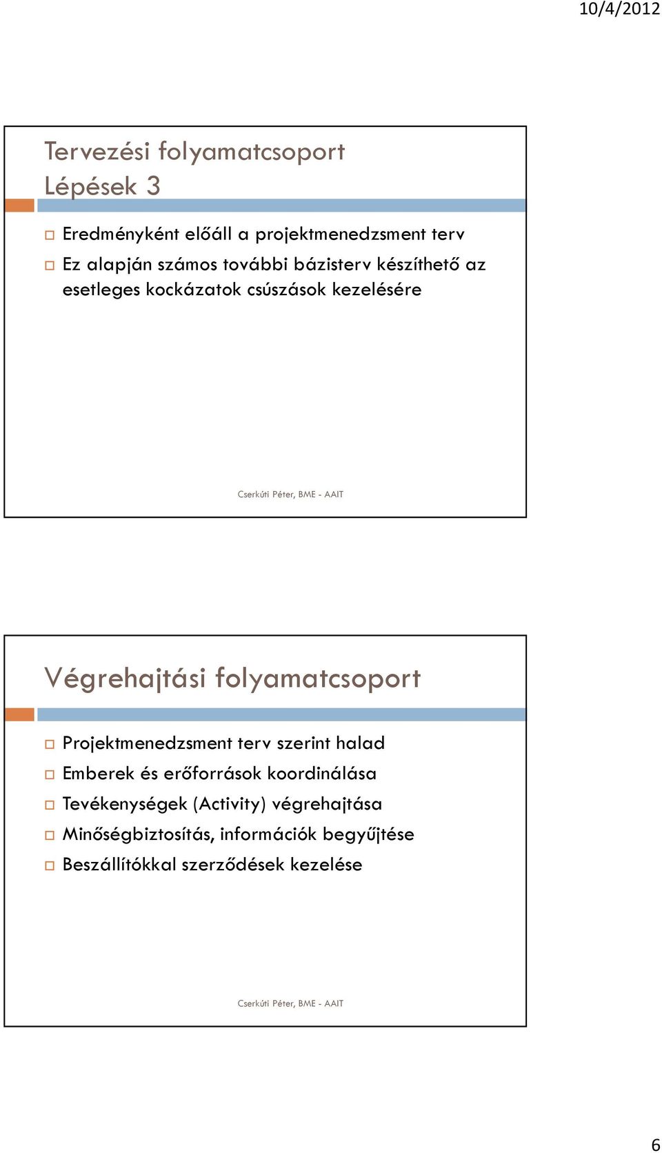 folyamatcsoport Projektmenedzsment terv szerint halad Emberek és erőforrások koordinálása