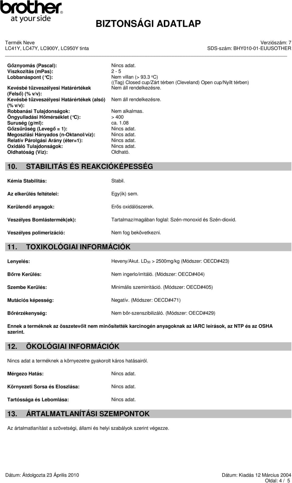 (Felső) (% v/v): Kevésbé tűzveszélyesi Határértékek (alsó) Nem áll rendelkezésre. (% v/v): Robbanási Tulajdonságok: Nem alkalmas. Öngyulladási Hőmérséklet ( C): > 400 Suruség (g/ml): ca. 1.