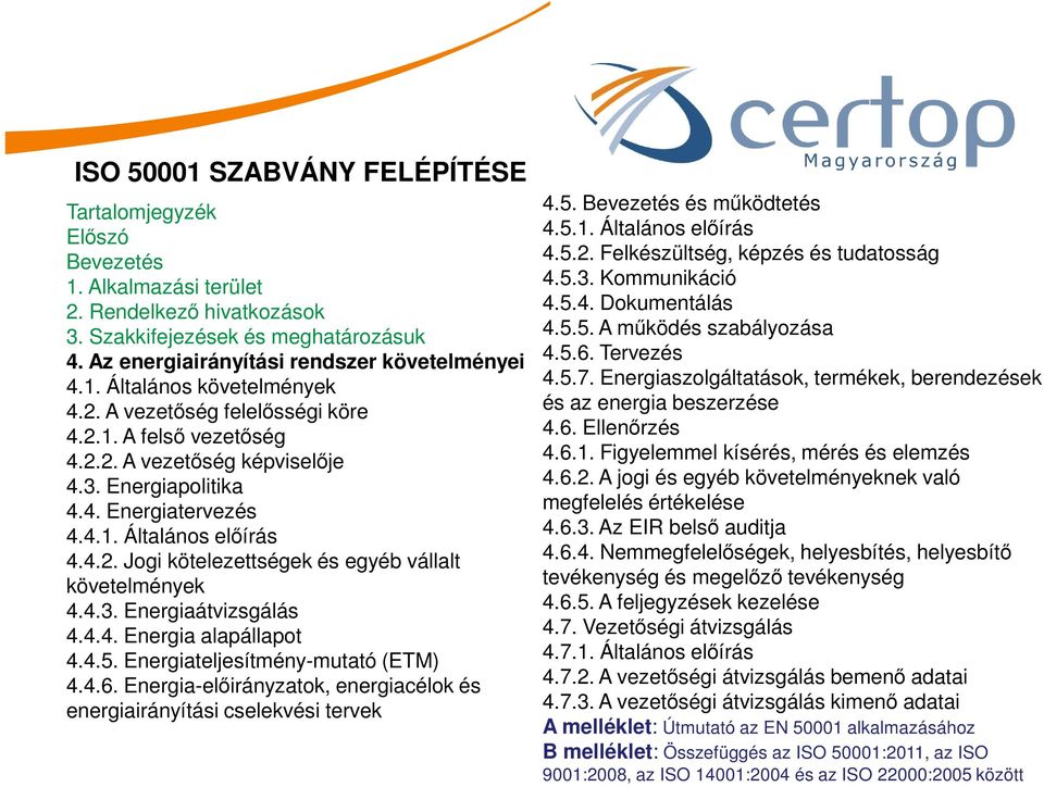 4.3. Energiaátvizsgálás 4.4.4. Energia alapállapot 4.4.5. Energiateljesítmény-mutató (ETM) 4.4.6. Energia-előirányzatok, energiacélok és energiairányítási cselekvési tervek 4.5. Bevezetés és működtetés 4.