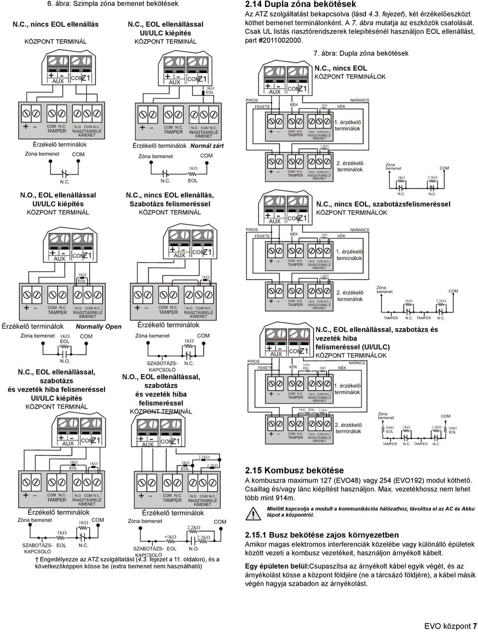 Csak UL listás riasztórendszerek telepítésénél használjon EOL ellenállást, part #2011002000. 7. ábra: Dupla zóna bekötések N.C., nincs EOL KÖZPONT TERMINÁLOK N.O., EOL ellenállással Ul/ULC kiépítés KÖZPONT TERMINÁL N.