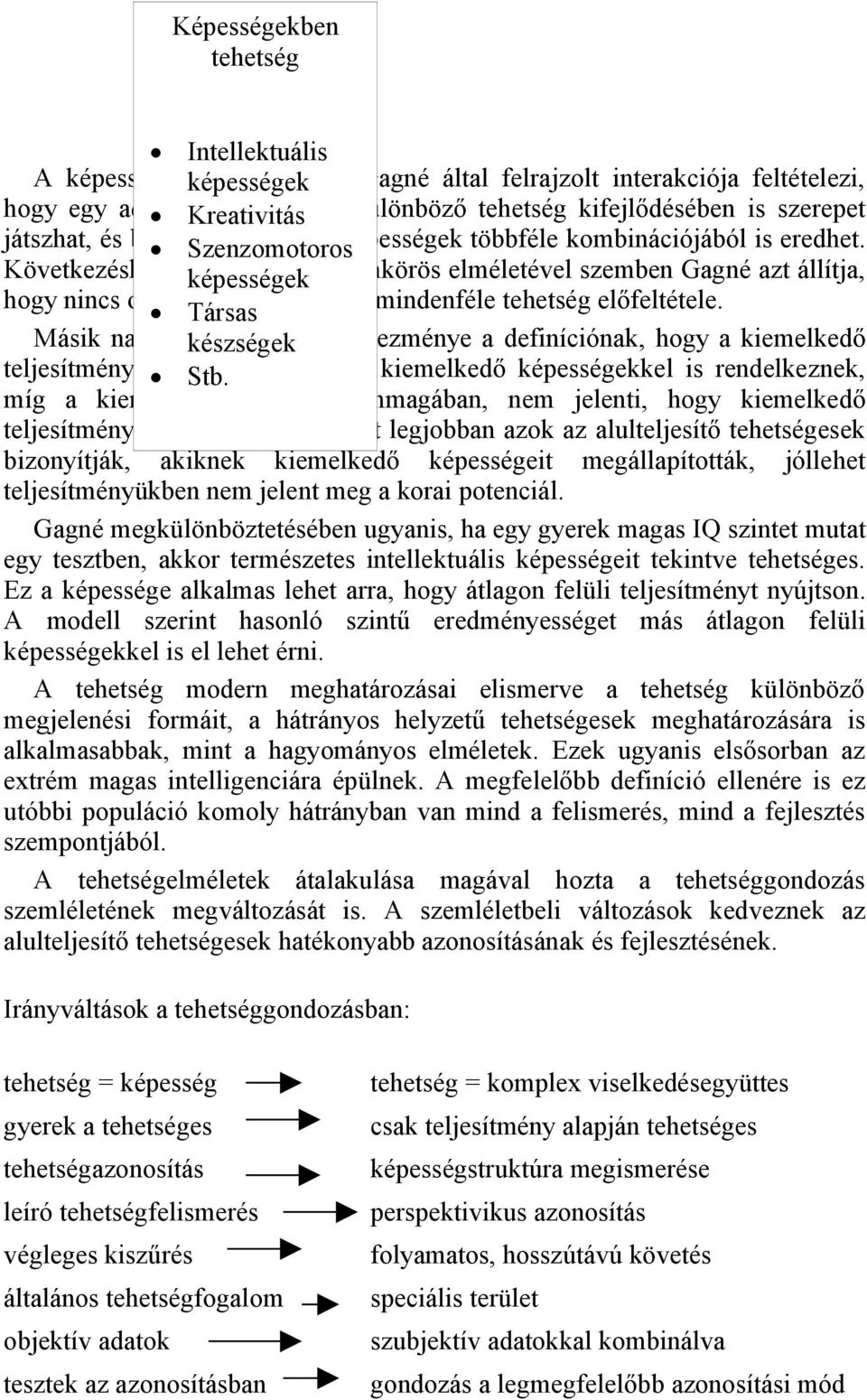 Következésképpen képességek Renzulli háromkörös elméletével szemben Gagné azt állítja, hogy nincs olyan Társas képesség, amely mindenféle tehetség előfeltétele.