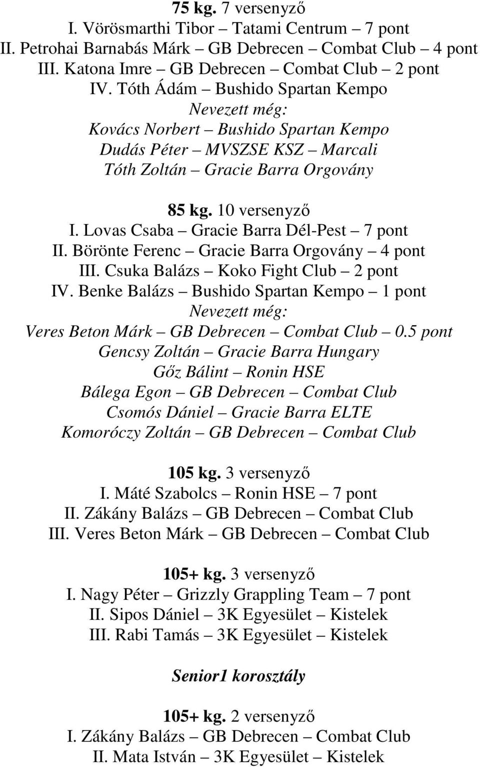 Lovas Csaba Gracie Barra Dél-Pest 7 pont II. Börönte Ferenc Gracie Barra Orgovány 4 pont III. Csuka Balázs Koko Fight Club 2 pont IV.