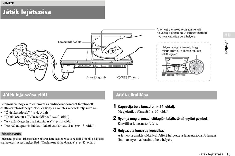 Játékok A (nyitó) gomb =/1/RESET gomb Játék lejátszása elœtt EllenŒrizze, hogy a televízióval és audioberendezéssel létrehozott csatlakoztatások helyesek-e, és hogy az óvintézkedések teljesültek-e.