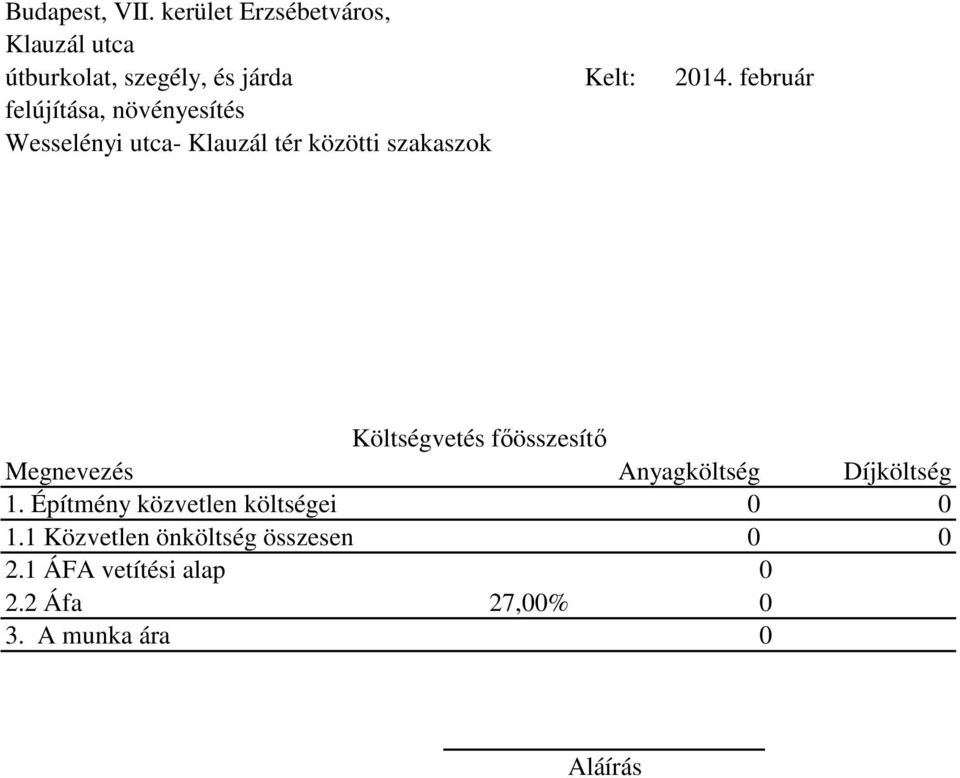 főösszesítő Megnevezés Anyagköltség Díjköltség 1. Építmény közvetlen költségei 0 0 1.