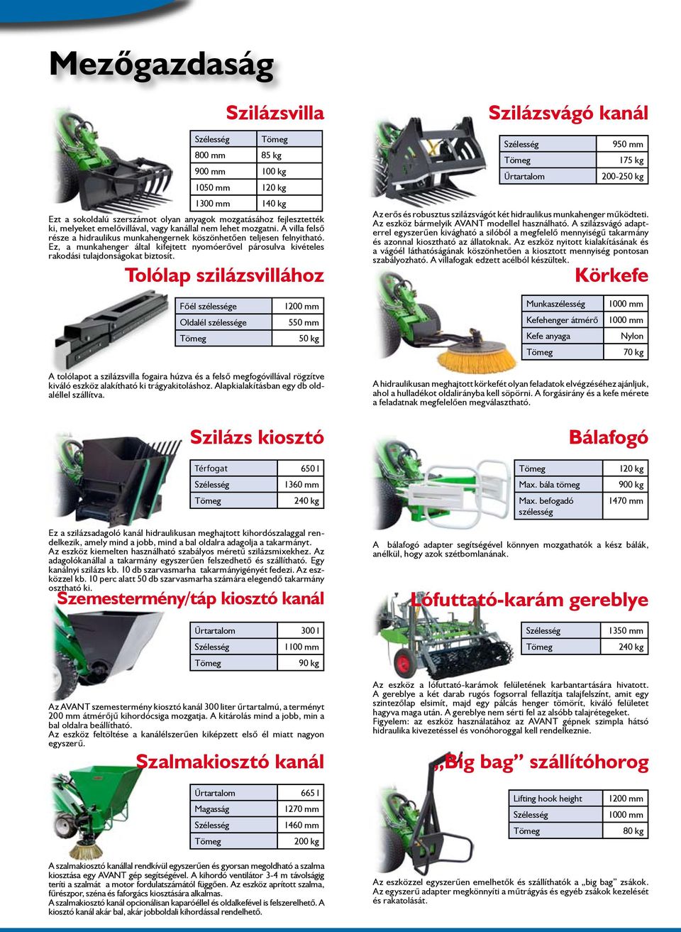 Tolólap szilázsvillához Szilázsvágó kanál Űrtartalom 950 mm 175 kg 200-250 kg Az erős és robusztus szilázsvágót két hidraulikus munkahenger működteti. Az eszköz bármelyik AVANT modellel használható.