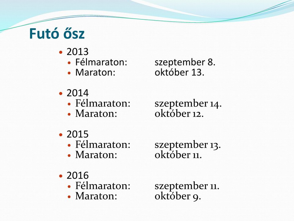 Maraton: október 12. 2015 Félmaraton: szeptember 13.