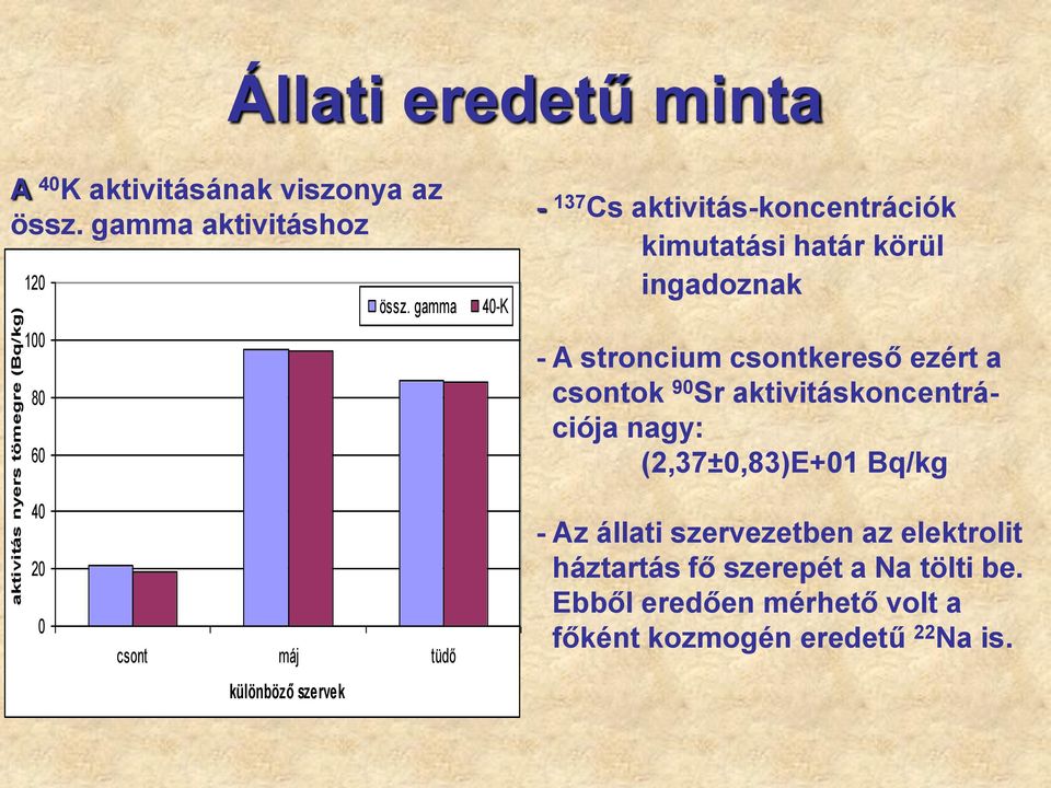 gamma 40-K - 137 Cs aktivitás-koncentrációk kimutatási határ körül ingadoznak - A stroncium csontkereső ezért a csontok