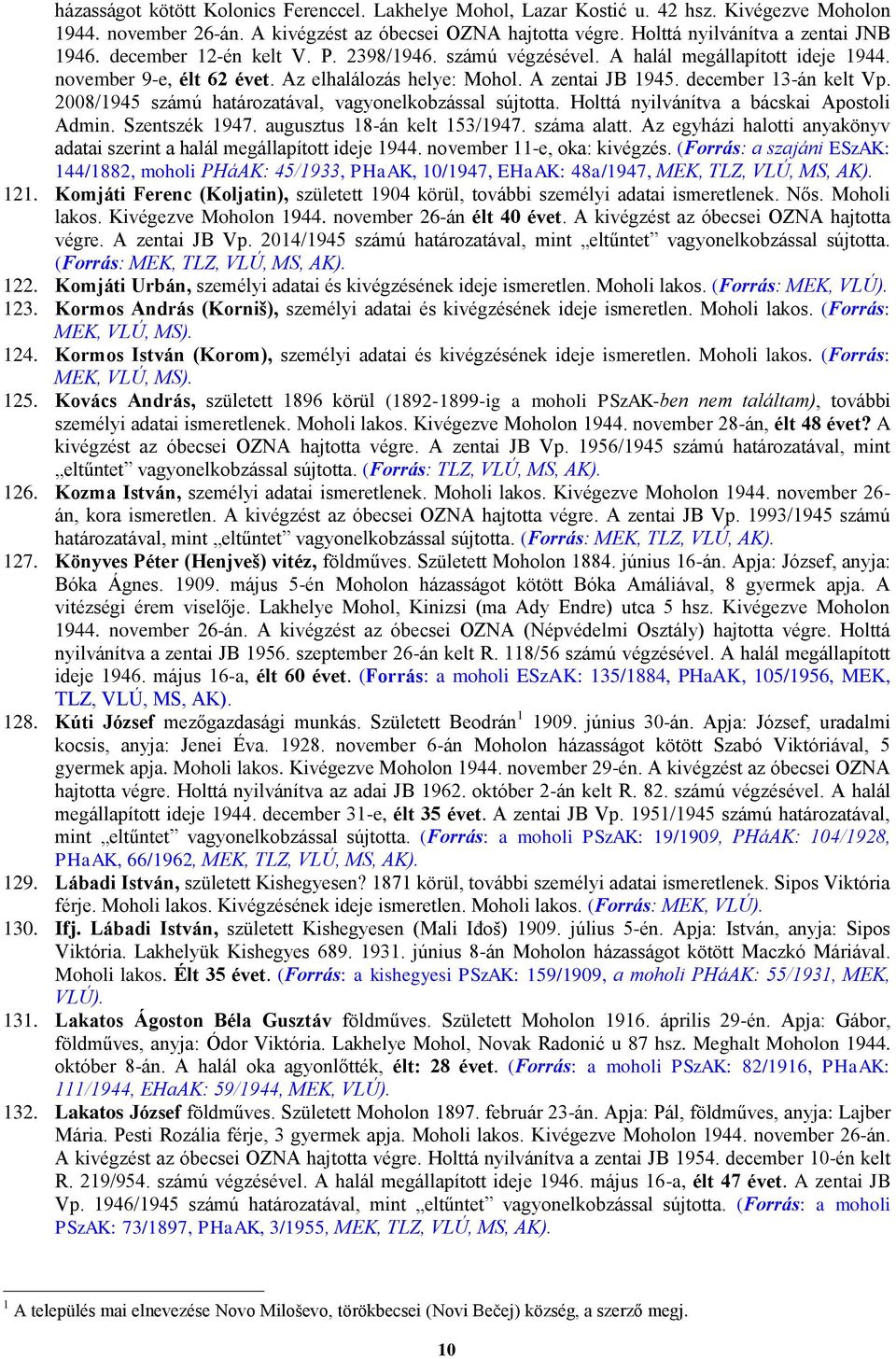 2008/1945 számú határozatával, vagyonelkobzással sújtotta. Holttá nyilvánítva a bácskai Apostoli Admin. Szentszék 1947. augusztus 18-án kelt 153/1947. száma alatt.