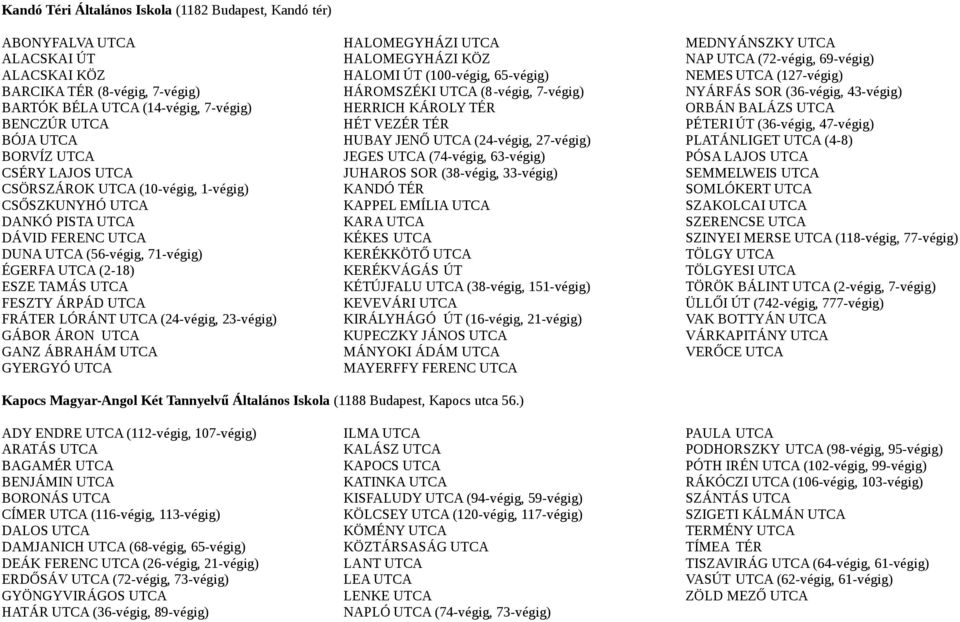 LÓRÁNT UTCA (24-végig, 23-végig) GÁBOR ÁRON UTCA GANZ ÁBRAHÁM UTCA GYERGYÓ UTCA HALOMEGYHÁZI UTCA HALOMEGYHÁZI KÖZ HALOMI ÚT (100-végig, 65-végig) HÁROMSZÉKI UTCA (8-végig, 7-végig) HERRICH KÁROLY