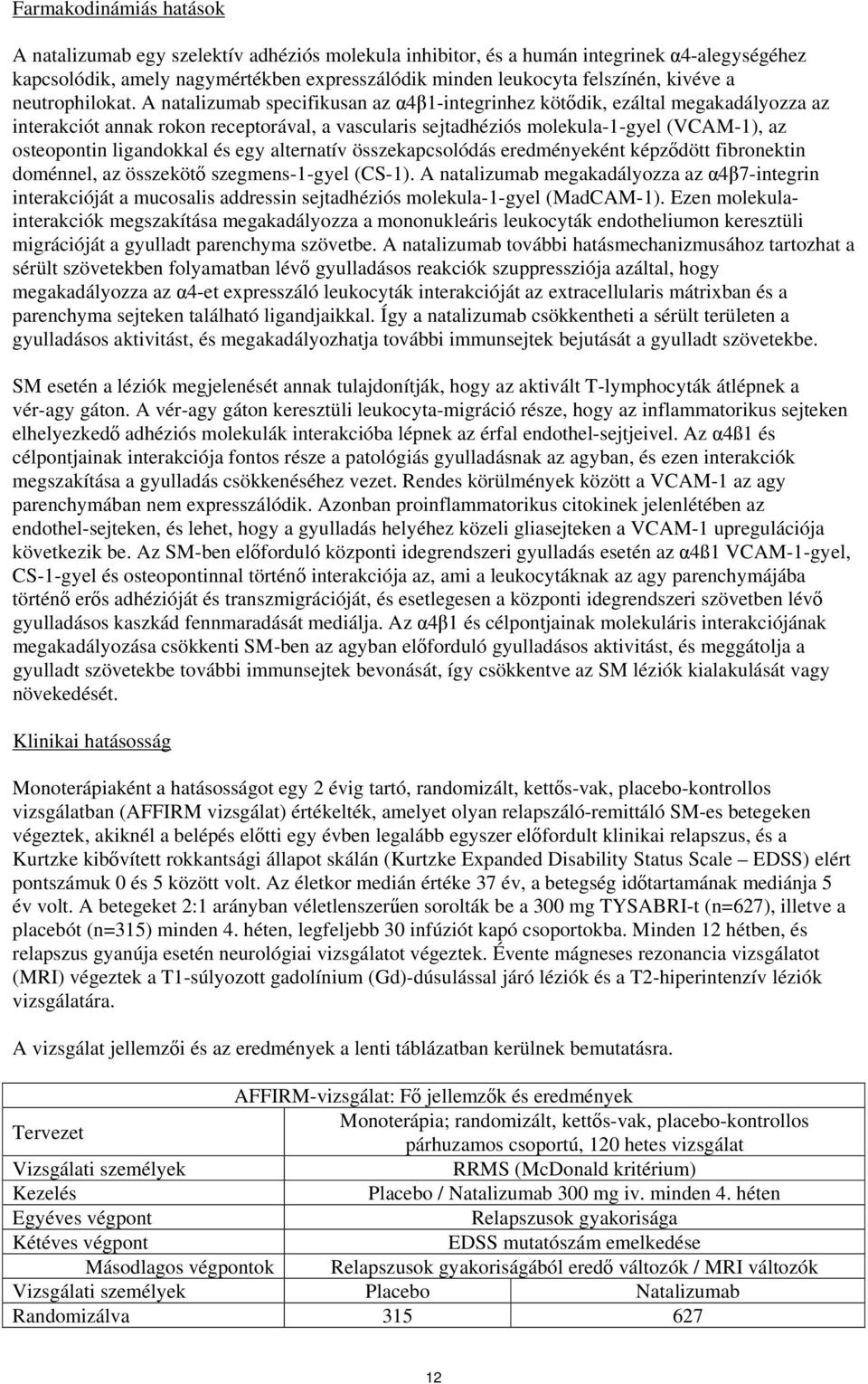 A natalizumab specifikusan az α4β1-integrinhez kötődik, ezáltal megakadályozza az interakciót annak rokon receptorával, a vascularis sejtadhéziós molekula-1-gyel (VCAM-1), az osteopontin ligandokkal