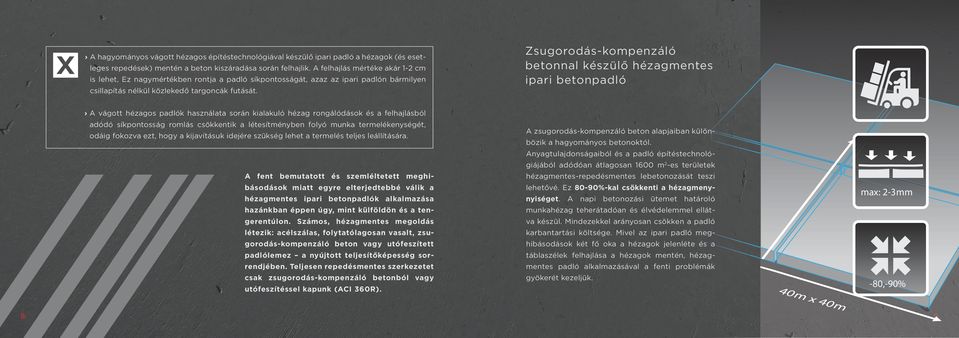 Zsugorodás-kompenzáló betonnal készülő hézagmentes ipari betonpadló A vágott hézagos padlók használata során kialakuló hézag rongálódások és a felhajlásból adódó síkpontosság romlás csökkentik a