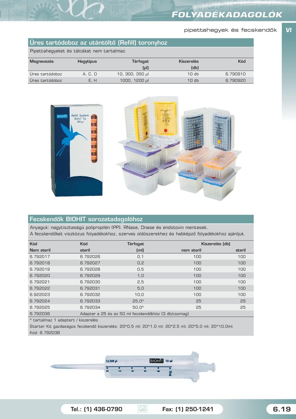 790920 Fecskendõk BIOHIT sorozatadagolóhoz Anyaguk: nagytisztaságú polipropilén (PP). RNase, Dnase és endotoxin mentesek.