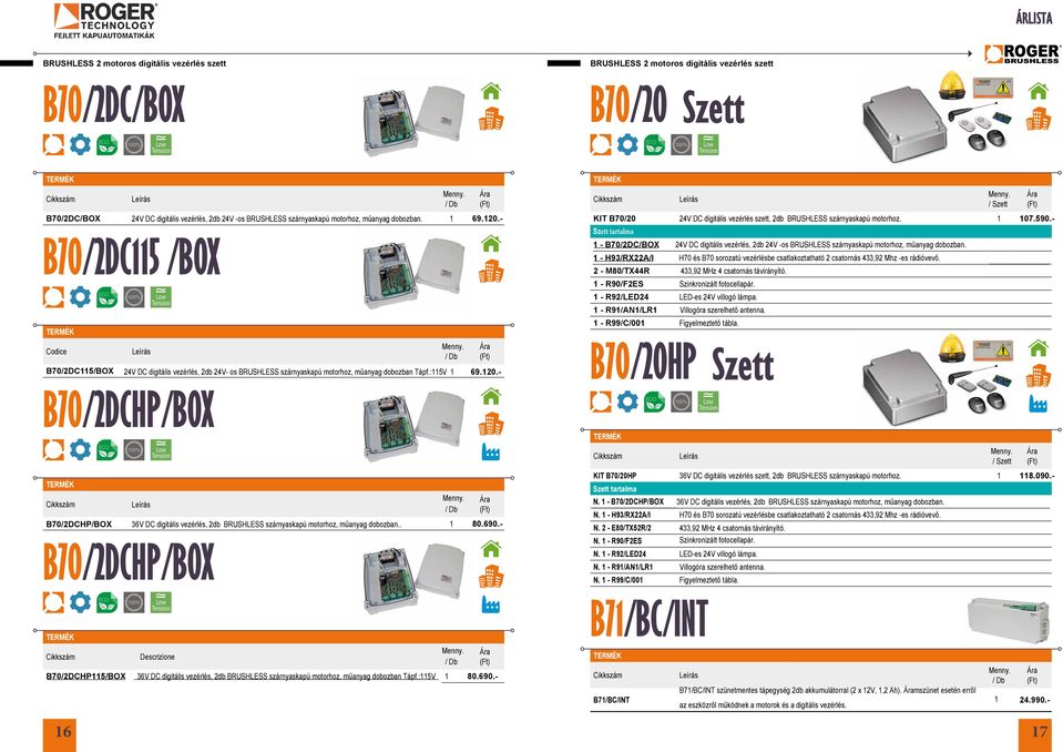 . 80.690.- B70/2DCHP/BOX B70/2DCHP5/BOX Descrizione 36V DC digitális vezérlés, 2db BRUSHLESS szárnyaskapú motorhoz, műanyag dobozban Tápf.:5V 07.590.